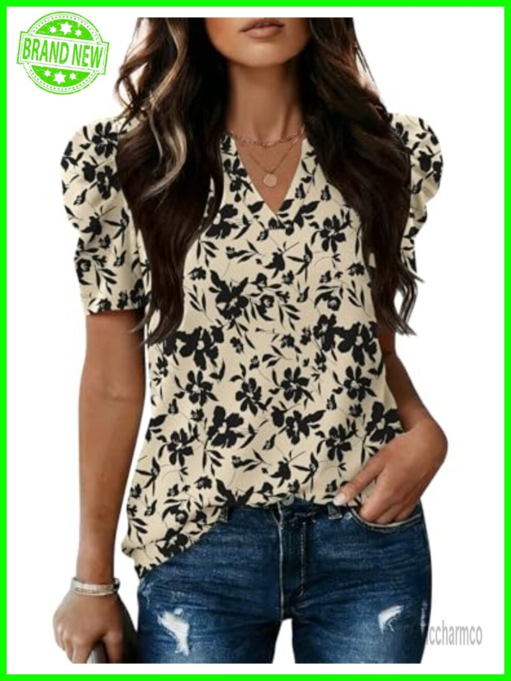Womens V Neck Puff Short Sleeve Blouse Trendy Work Casual Top